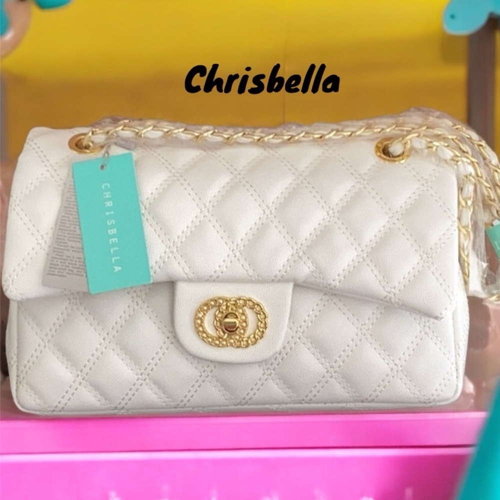Chrisbella NWT White Quilted Leather Gold Women's Crossbody Bag Double Flap